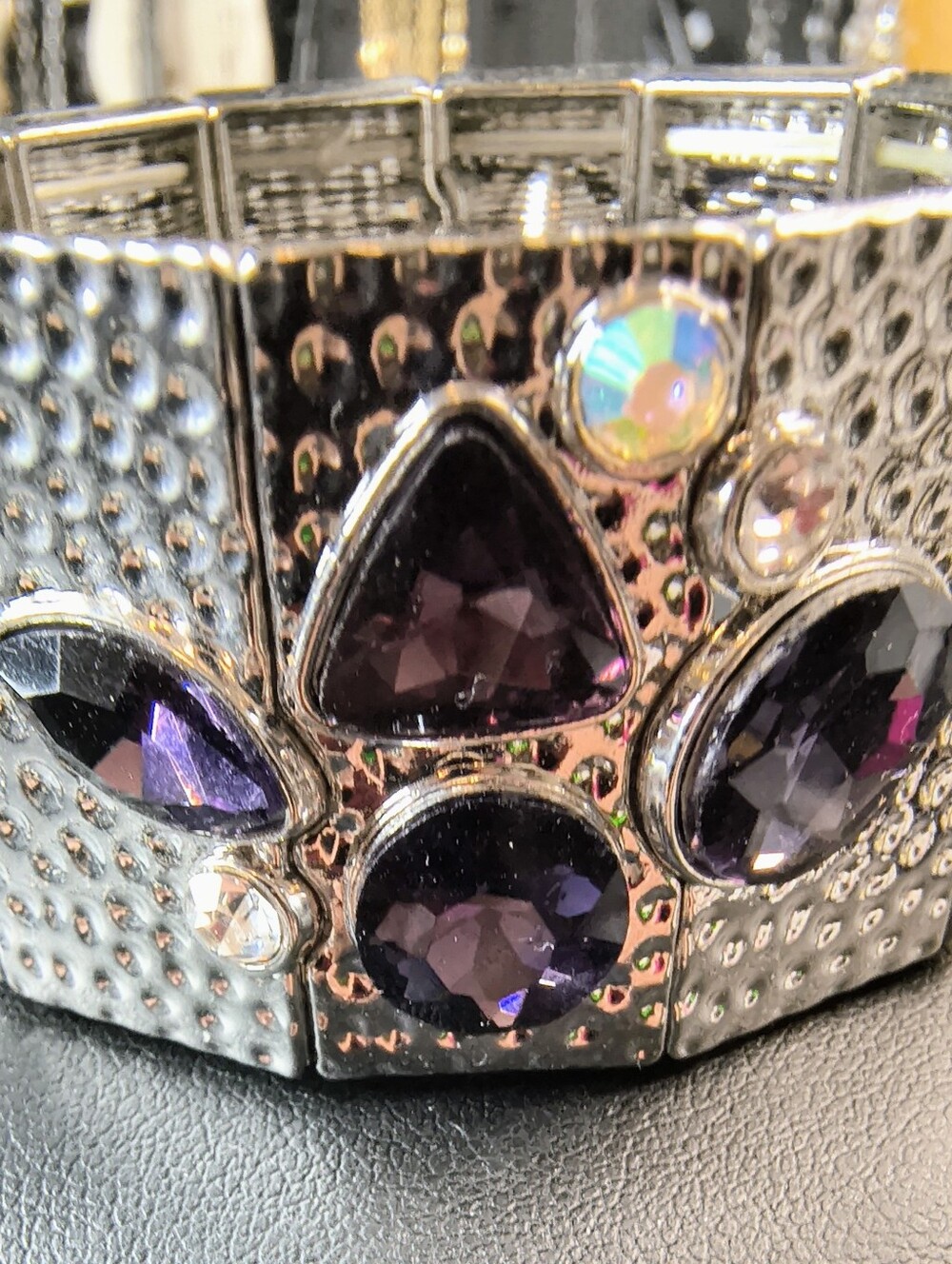 Silver Tone Stretch Panel Bracelet Purple Glass Stones AB Crystal Statement Cuff